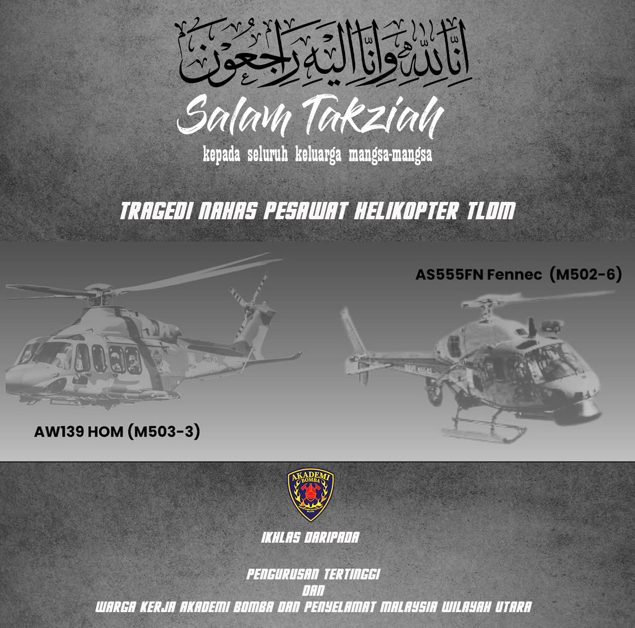 Salam Takziah kepada semua keluarga mangsa yang membabitkan 2 helikopter TLDM di Pangkalan TLDM Lumut, Perak